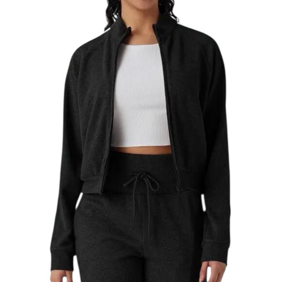 NWOT Halara Ribbed Stand Collar Long Sleeve Zipper Jacket Black Stripe Large - Picture 2 of 8